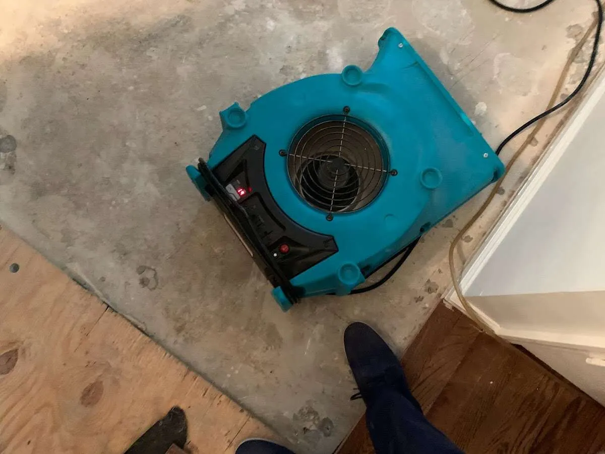 Air mover drying subfloor during Leak Detection & Repair in Thompson